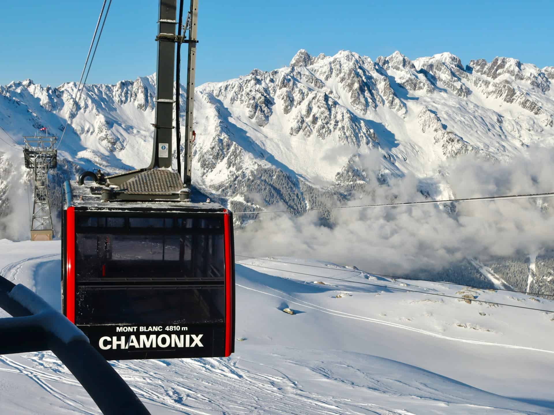 Chamonix Augille du Midi ski transfer lift in the winter snow